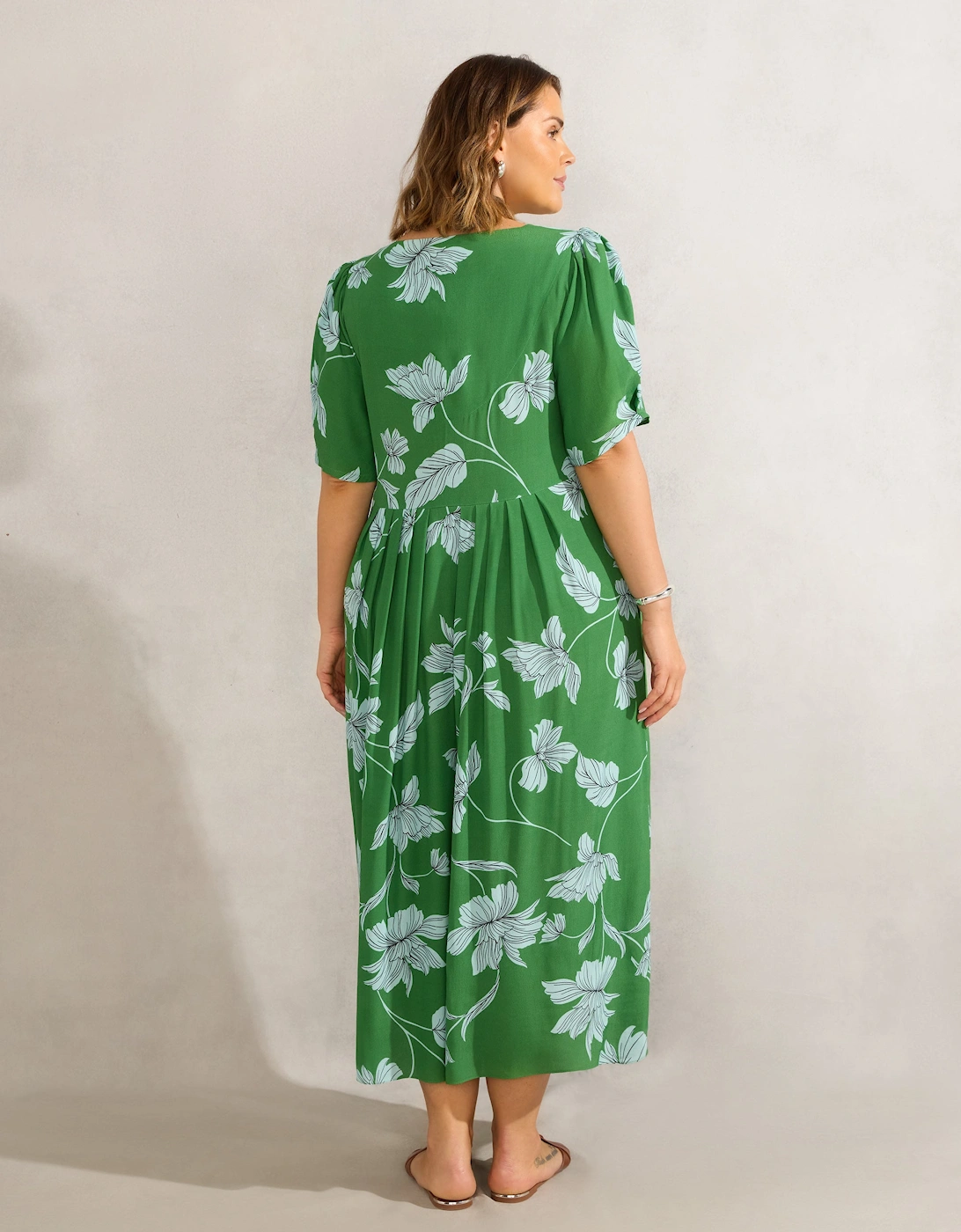 Green Floral Print Short Sleeve Lace Up Dress