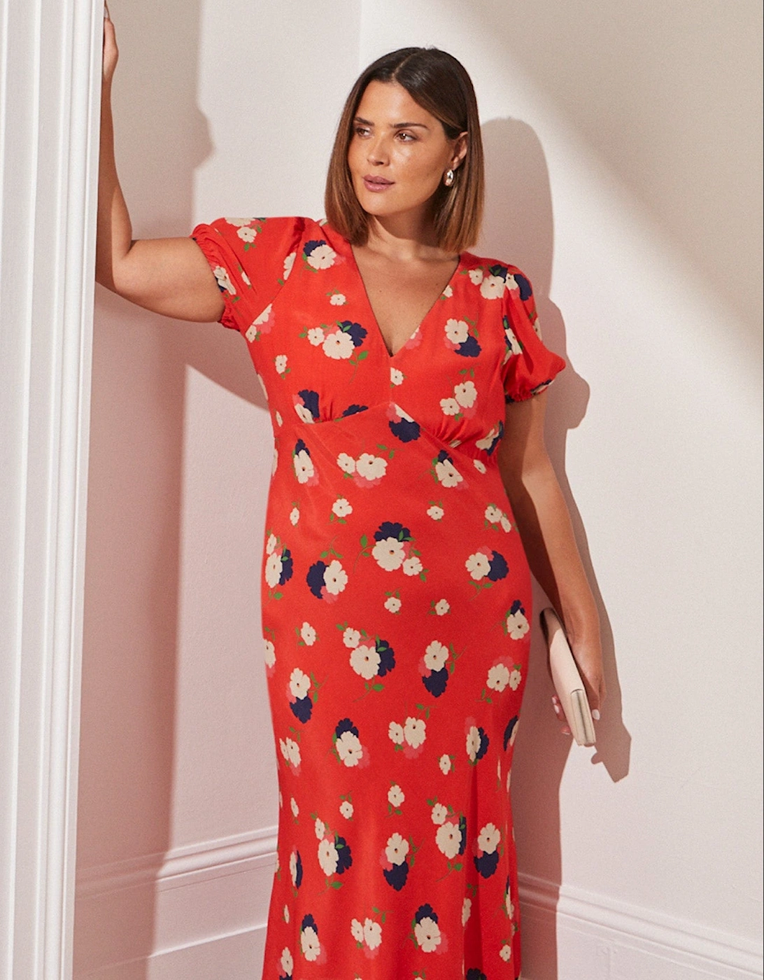 Red Floral Puff Sleeve Midi Dress