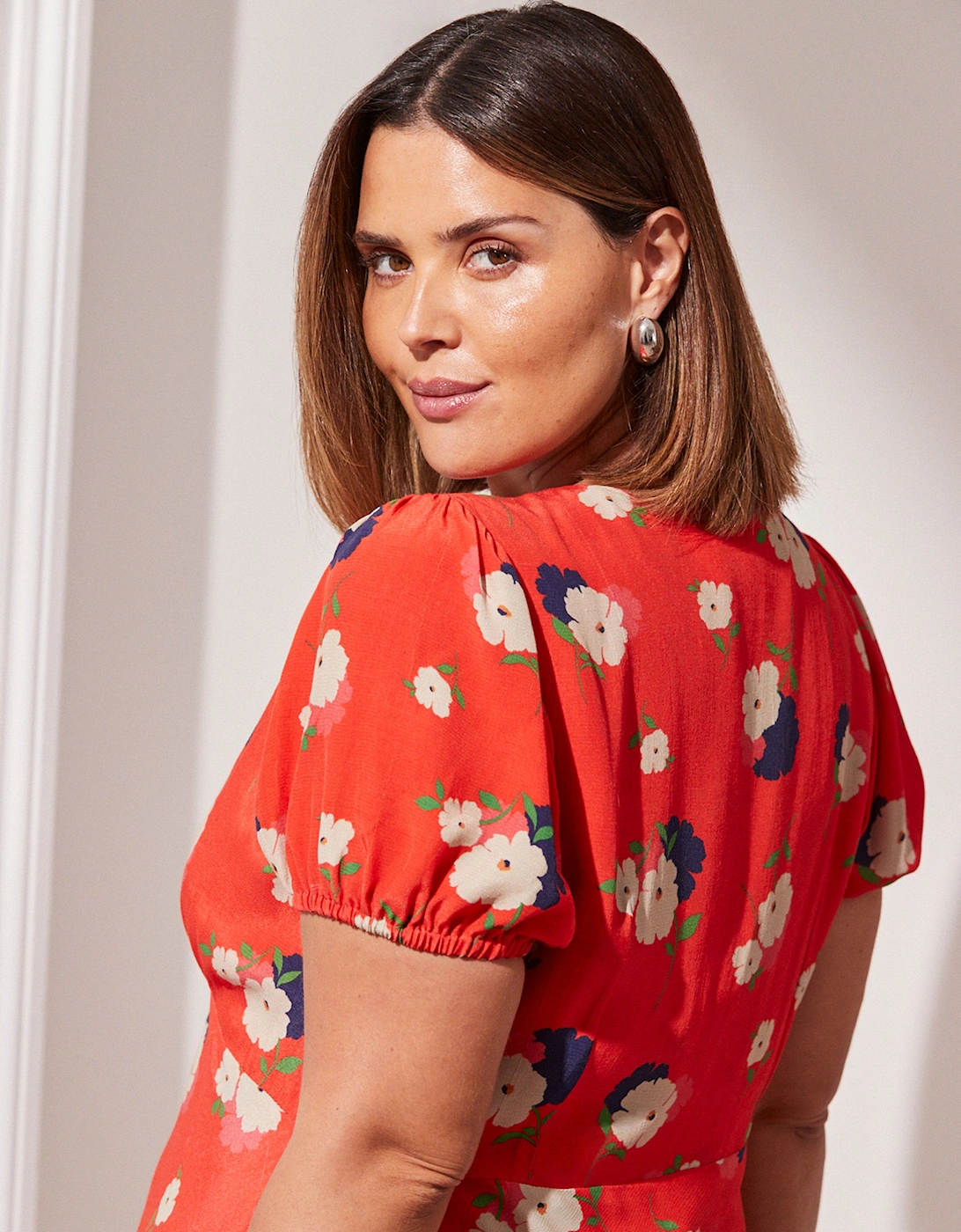 Red Floral Puff Sleeve Midi Dress