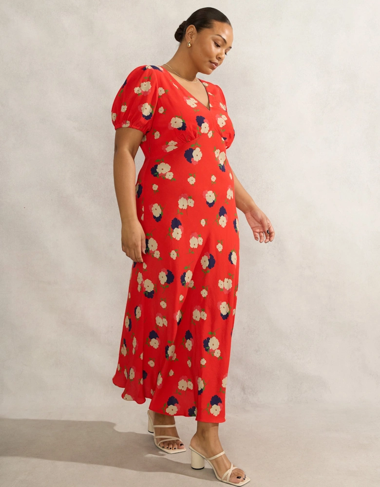 Red Floral Puff Sleeve Midi Dress