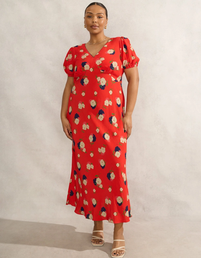 Red Floral Puff Sleeve Midi Dress
