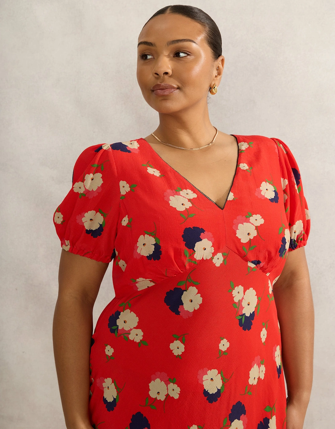 Red Floral Puff Sleeve Midi Dress