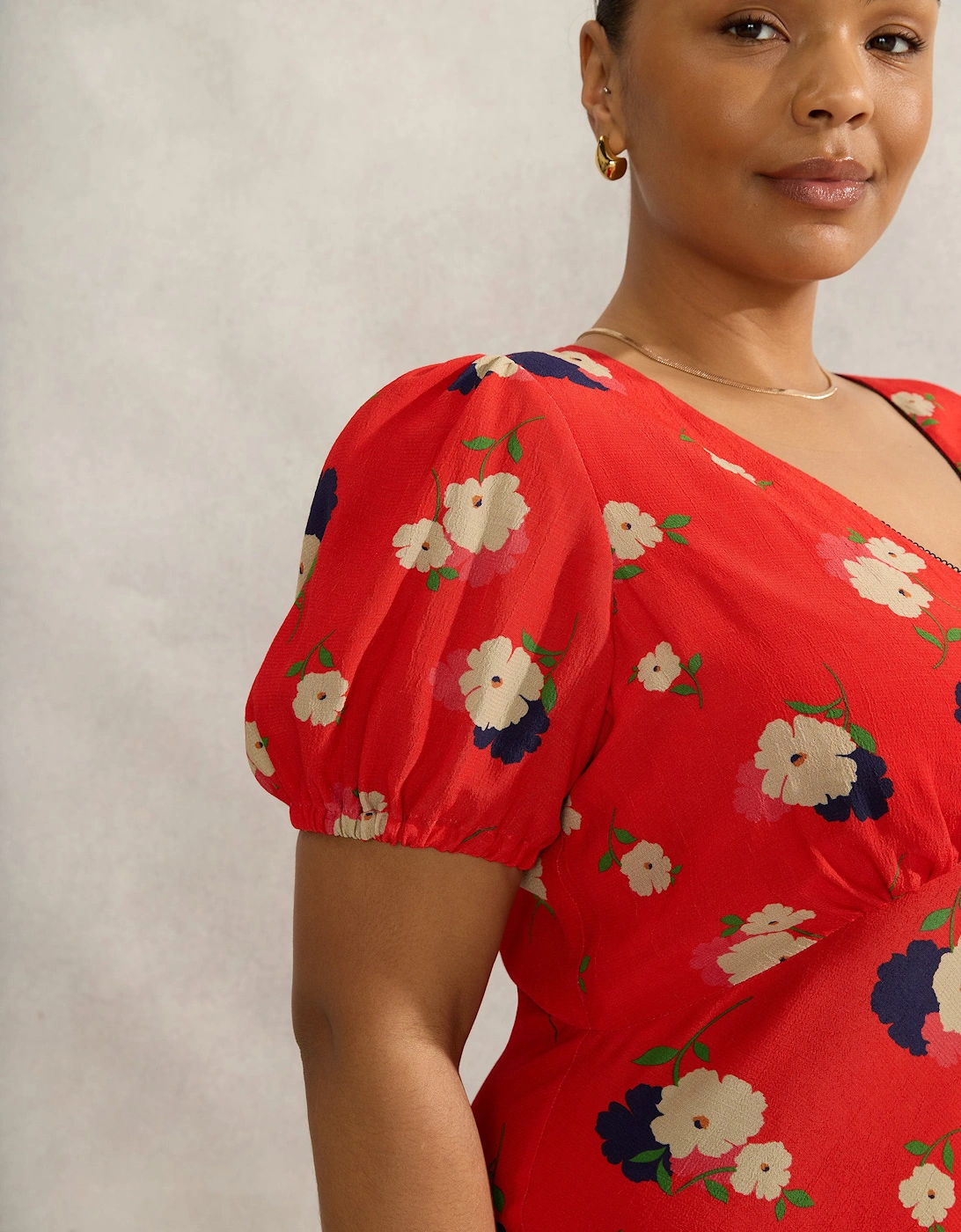 Red Floral Puff Sleeve Midi Dress