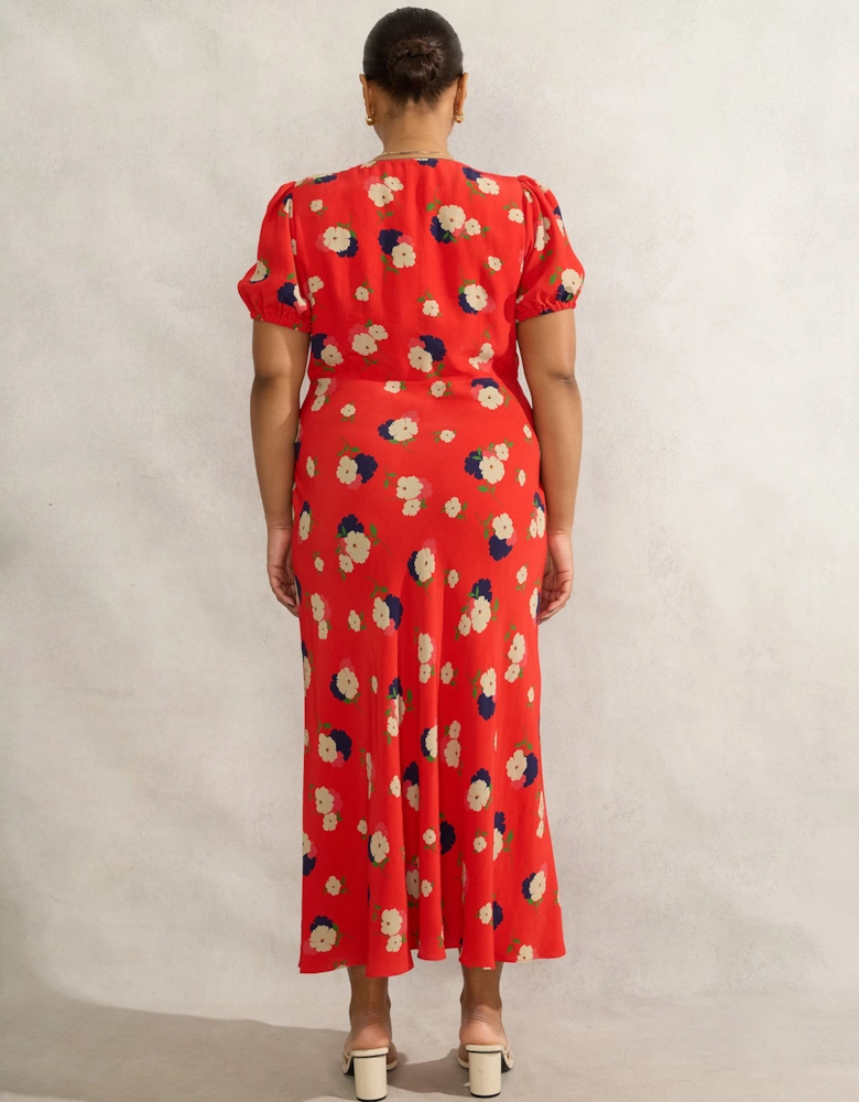 Red Floral Puff Sleeve Midi Dress
