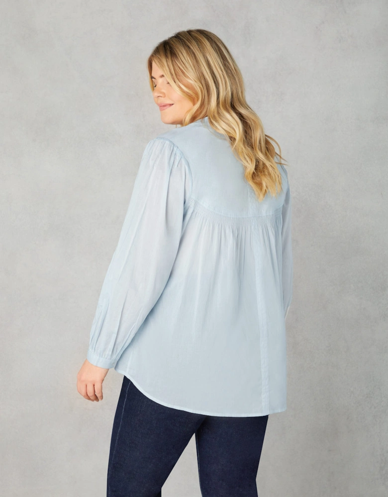 Blue Cotton Button Front Relaxed Blouse
