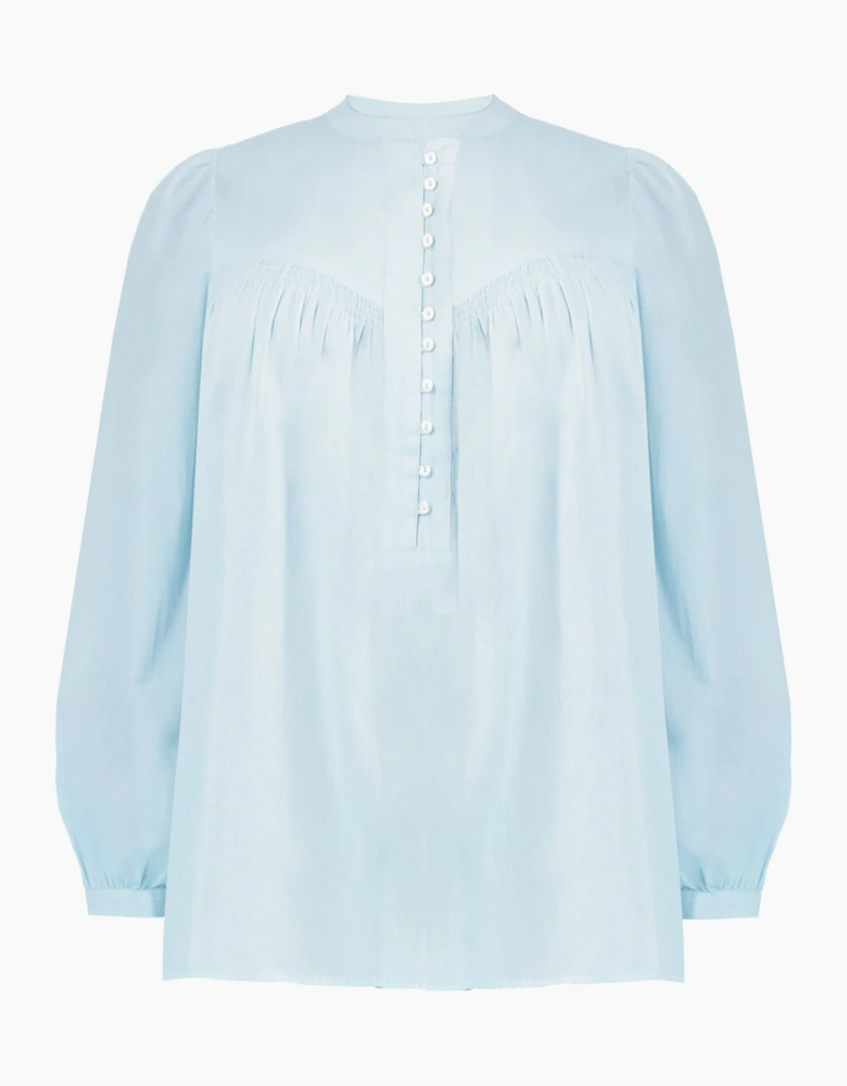 Blue Cotton Button Front Relaxed Blouse
