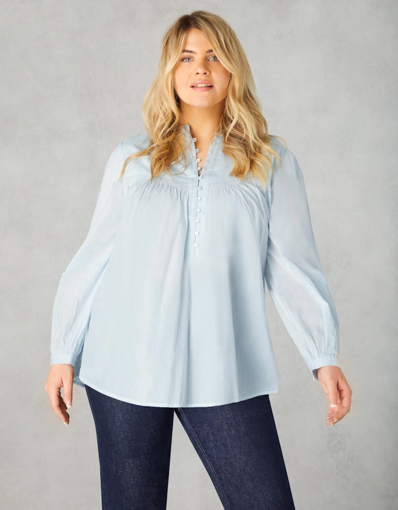 Blue Cotton Button Front Relaxed Blouse