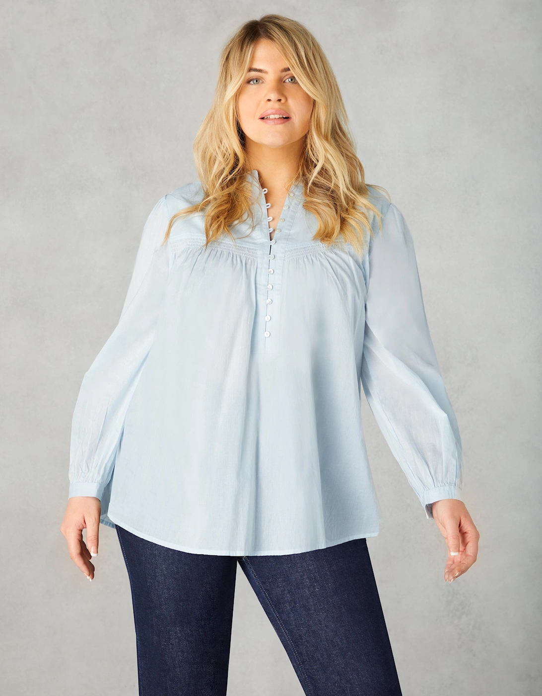 Live Unlimited London Live Unlimited London Women's Blue Cotton Button Front Relaxed Blouse