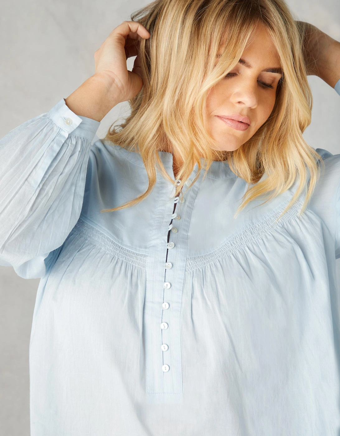 Blue Cotton Button Front Relaxed Blouse