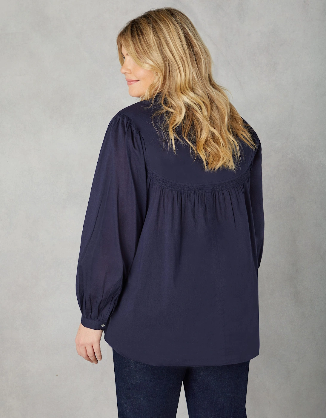 Navy Cotton Button Front Relaxed Blouse