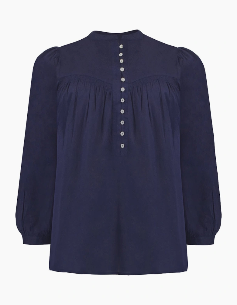 Navy Cotton Button Front Relaxed Blouse