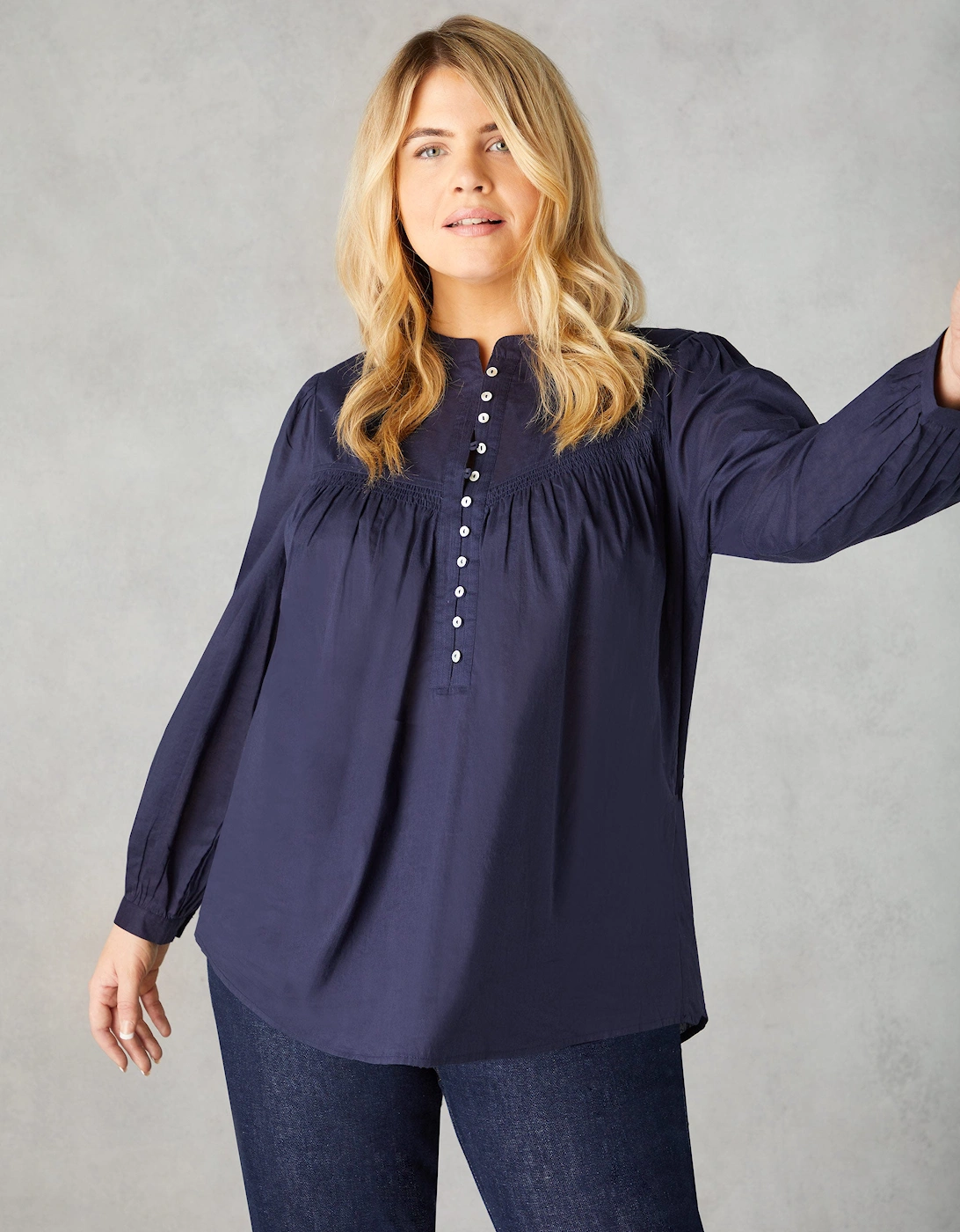 Navy Cotton Button Front Relaxed Blouse
