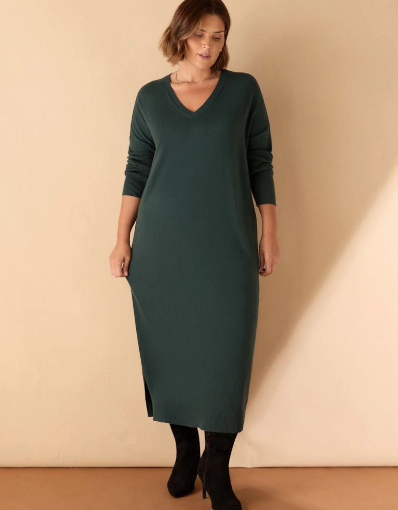 Green V Neck Knit Jumper Dress