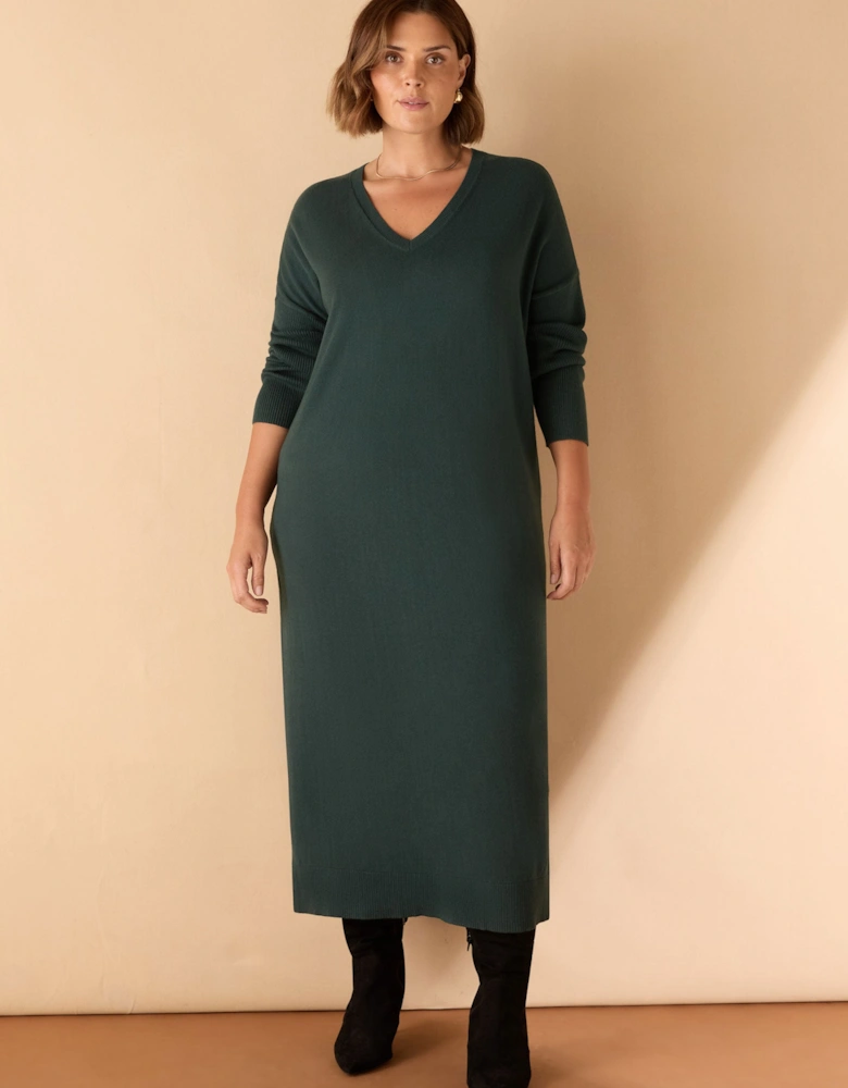 Green V Neck Knit Jumper Dress