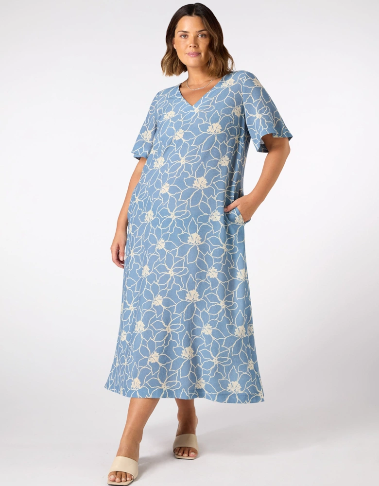 Blue Floral V Neck T-Shirt Dress