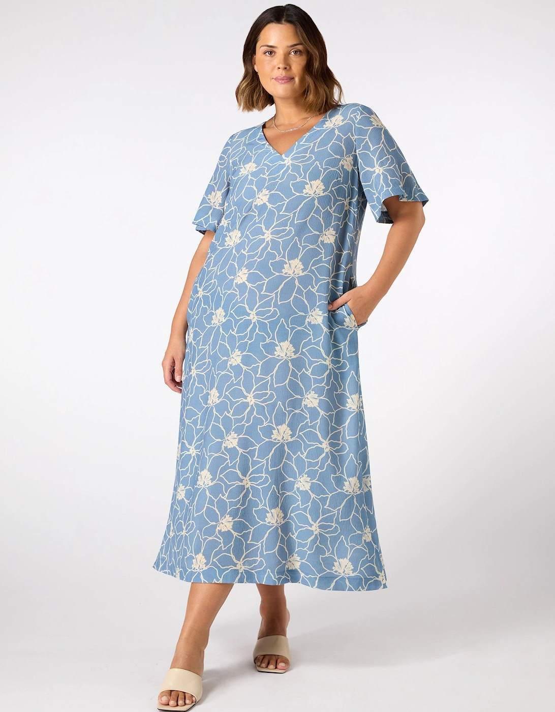 Blue Floral V Neck T-Shirt Dress