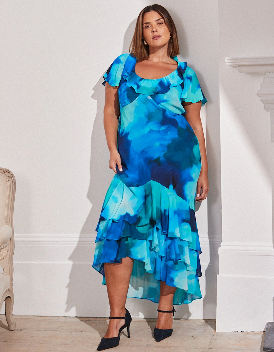 Live Unlimited London Live Unlimited London Women's Blue Floral Scoop Neck Ruffle Dress