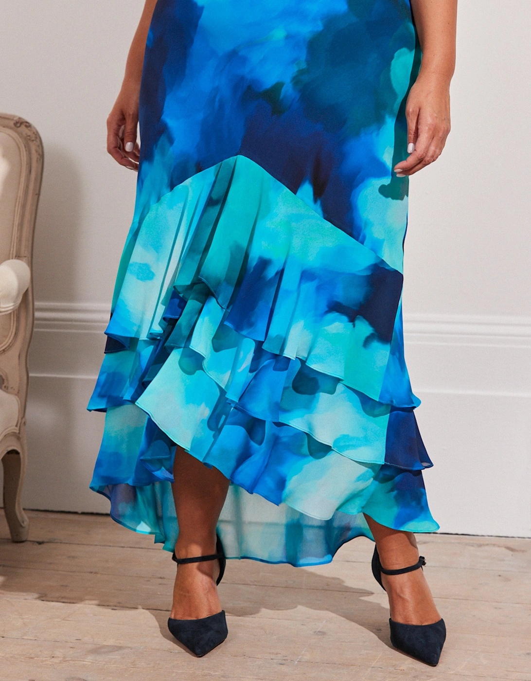 Blue Floral Scoop Neck Ruffle Dress