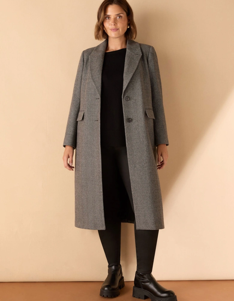 Grey Herringbone Wool Blend Tailored Coat