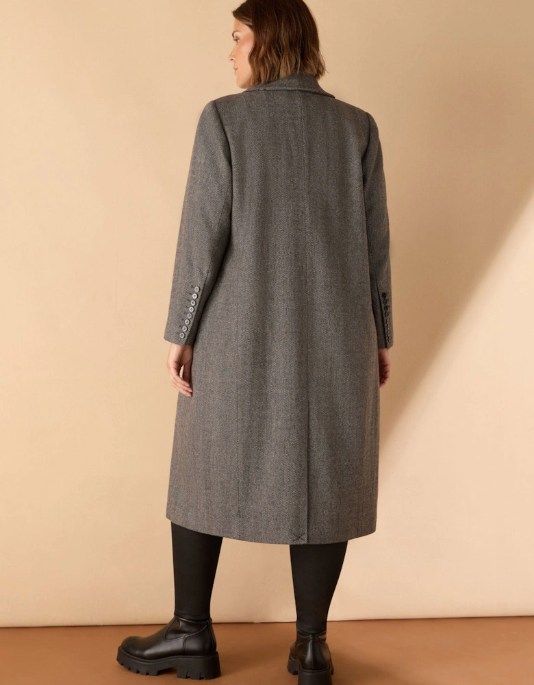 Grey Herringbone Wool Blend Tailored Coat
