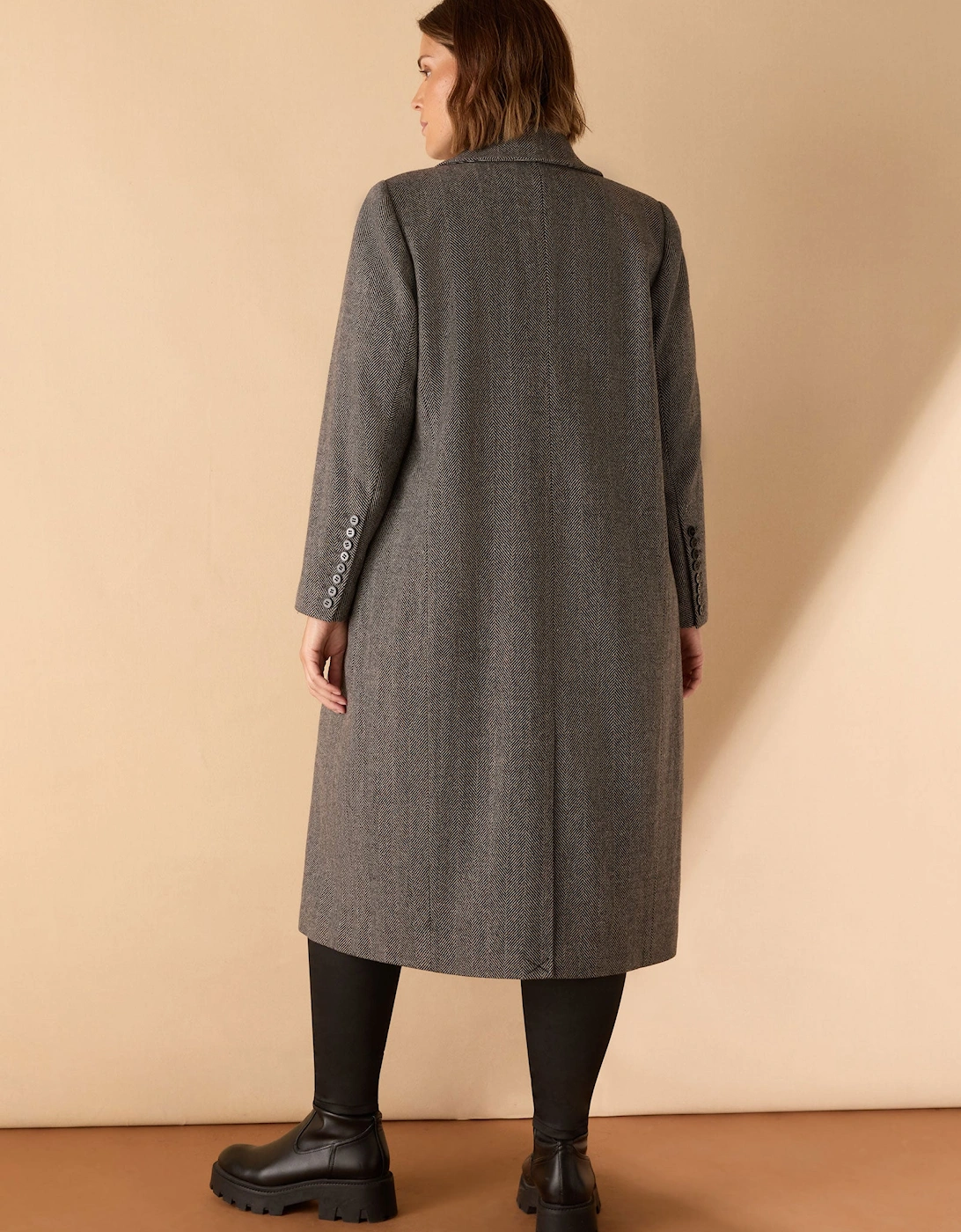 Grey Herringbone Wool Blend Tailored Coat