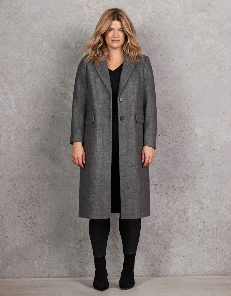 Grey Herringbone Wool Blend Tailored Coat
