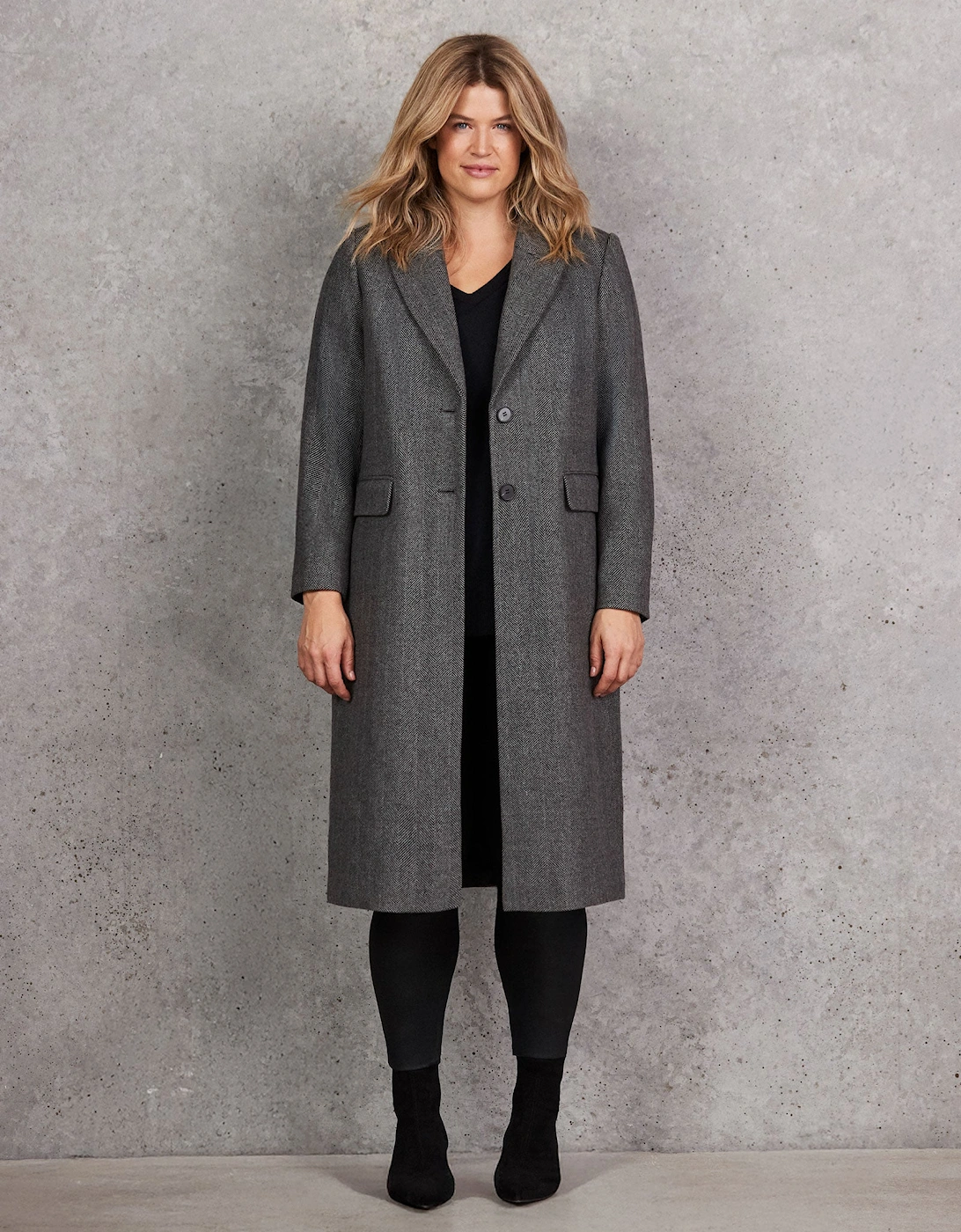 Grey Herringbone Wool Blend Tailored Coat