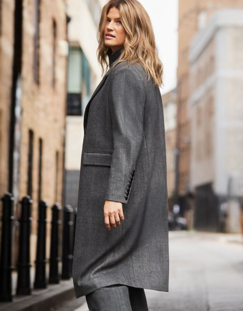 Grey Herringbone Wool Blend Tailored Coat