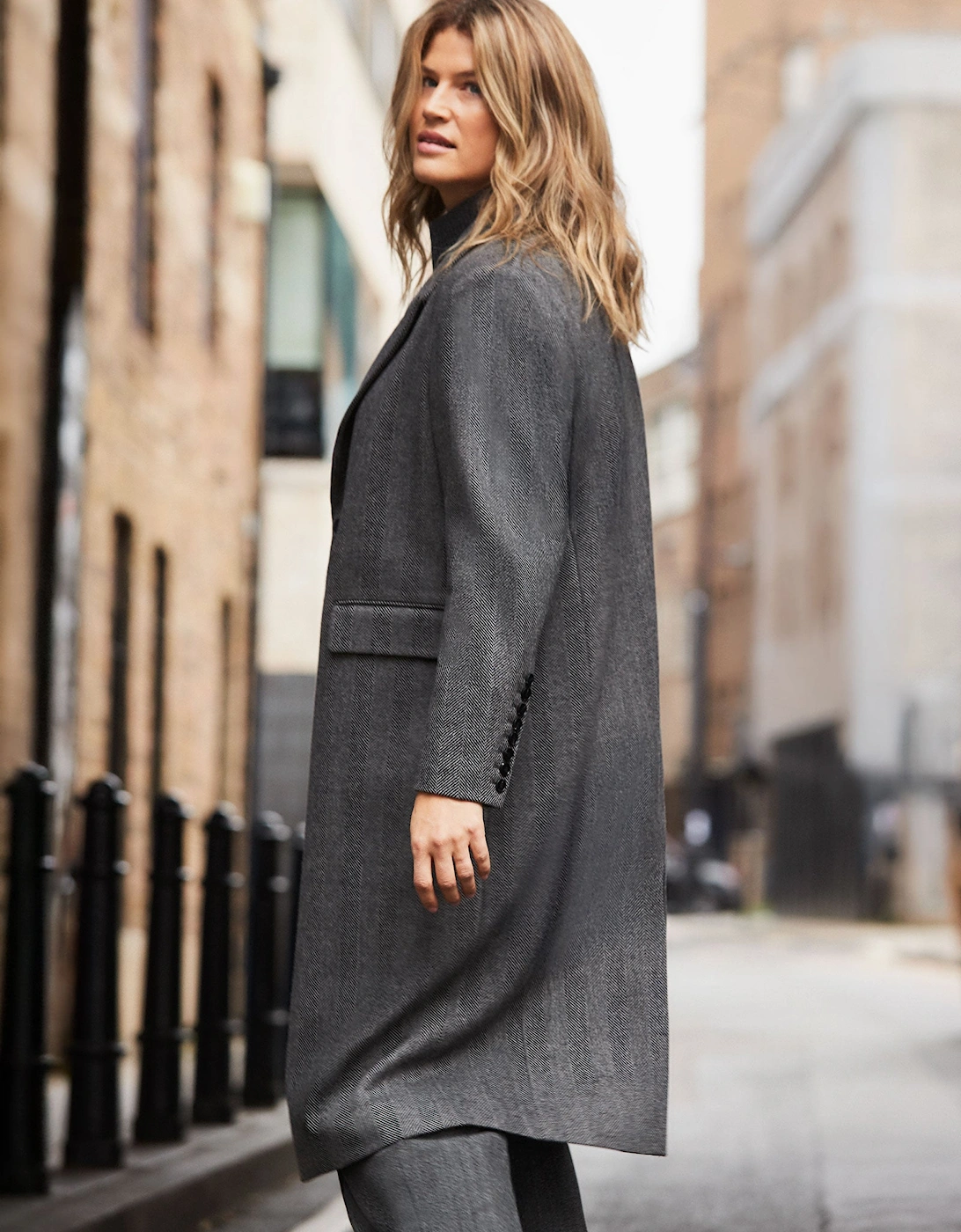 Grey Herringbone Wool Blend Tailored Coat