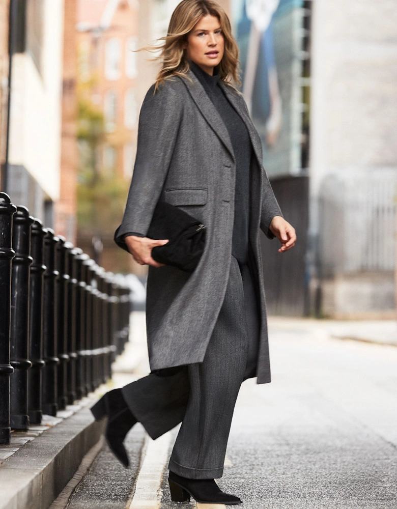 Grey Herringbone Wool Blend Tailored Coat