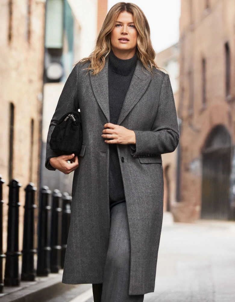 Grey Herringbone Wool Blend Tailored Coat