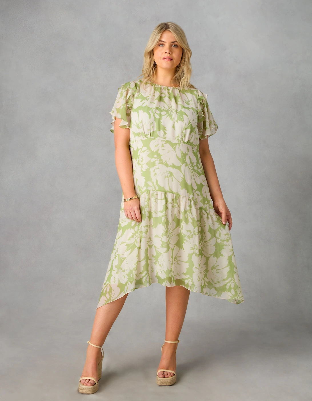Green Floral Ruffle Sleeve Midi Dress