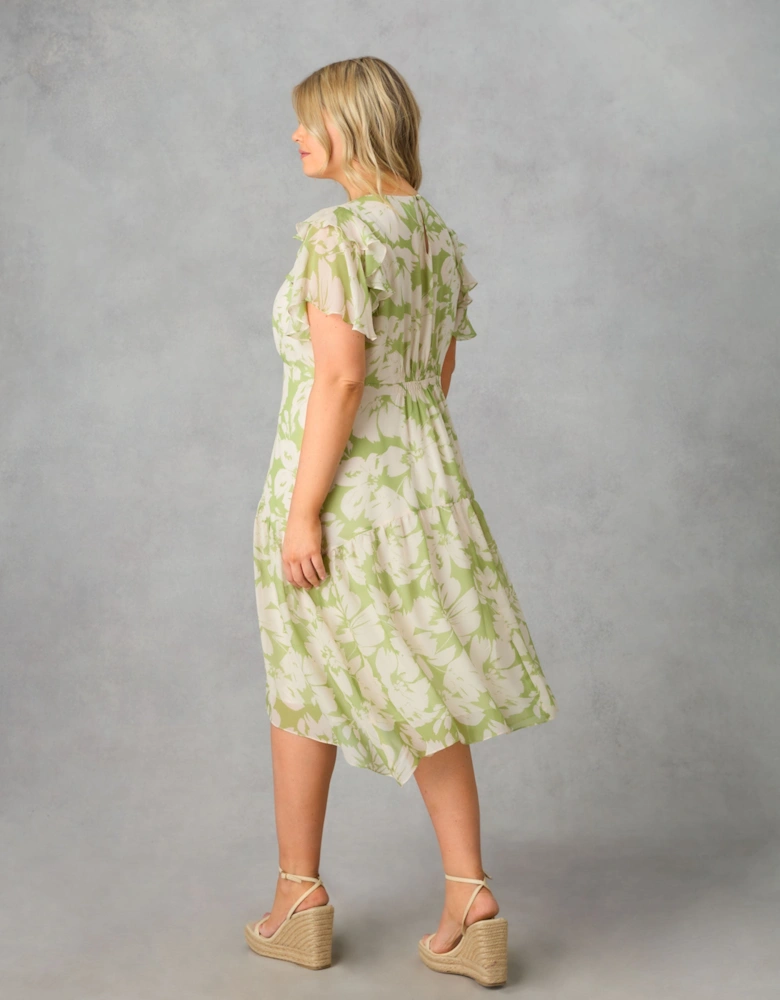 Green Floral Ruffle Sleeve Midi Dress