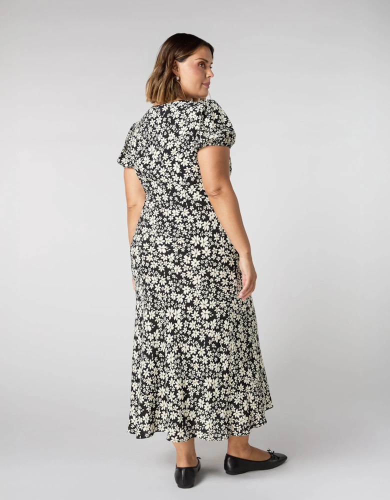 Black Floral Puff Sleeve Midi Dress