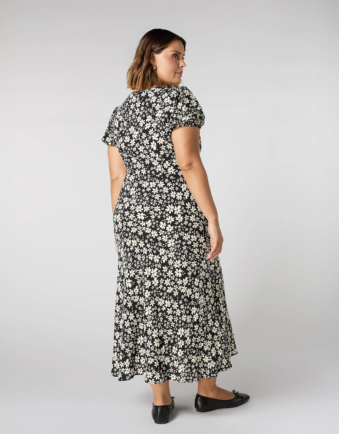 Black Floral Puff Sleeve Midi Dress
