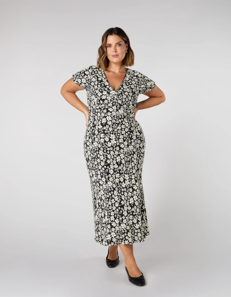 Black Floral Puff Sleeve Midi Dress