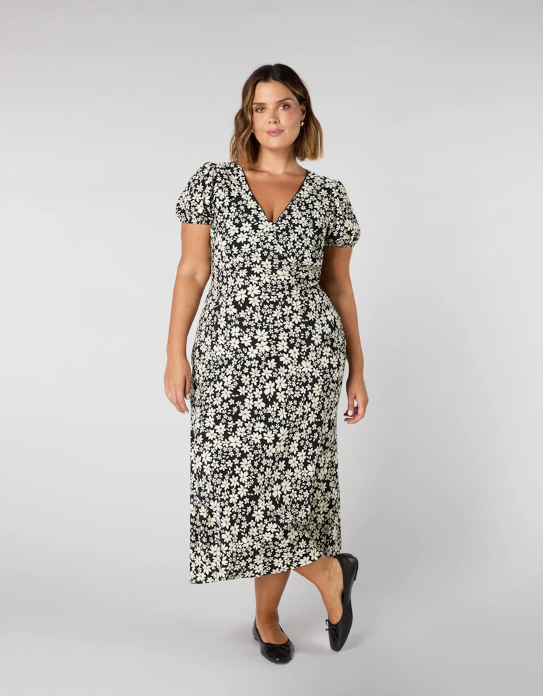 Black Floral Puff Sleeve Midi Dress