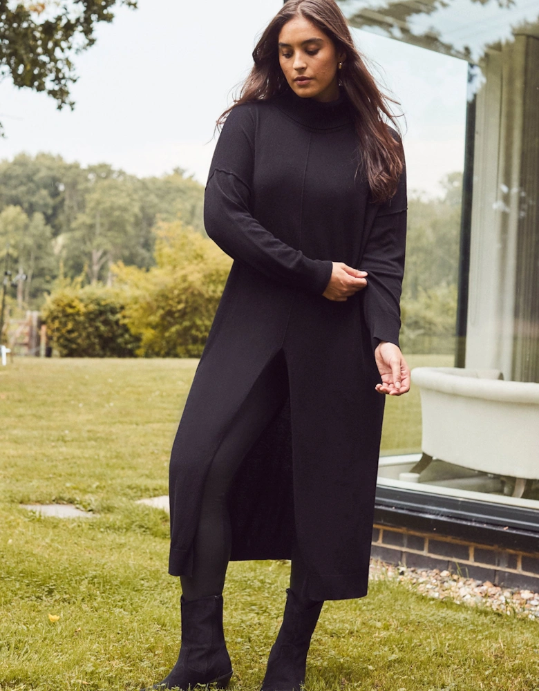 Black Cashmere-Blend Split Front Roll Neck Knit Jumper