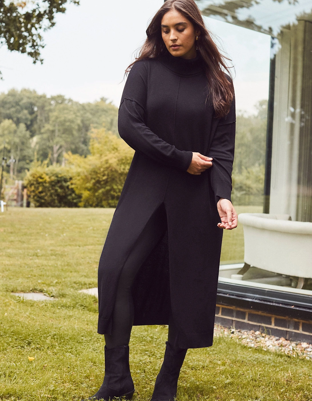 Black Cashmere-Blend Split Front Roll Neck Knit Jumper