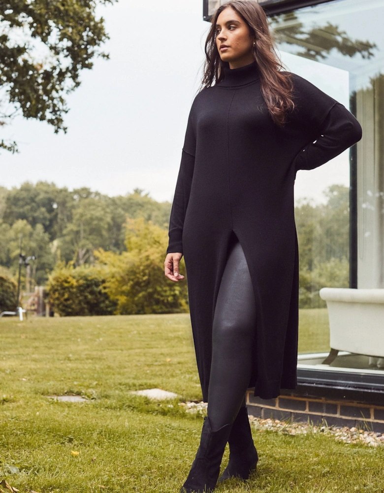 Black Cashmere-Blend Split Front Roll Neck Knit Jumper