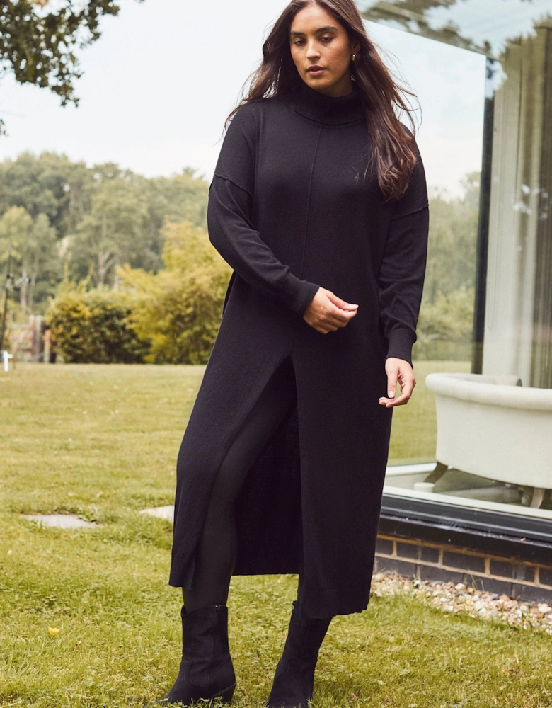 Black Cashmere-Blend Split Front Roll Neck Knit Jumper