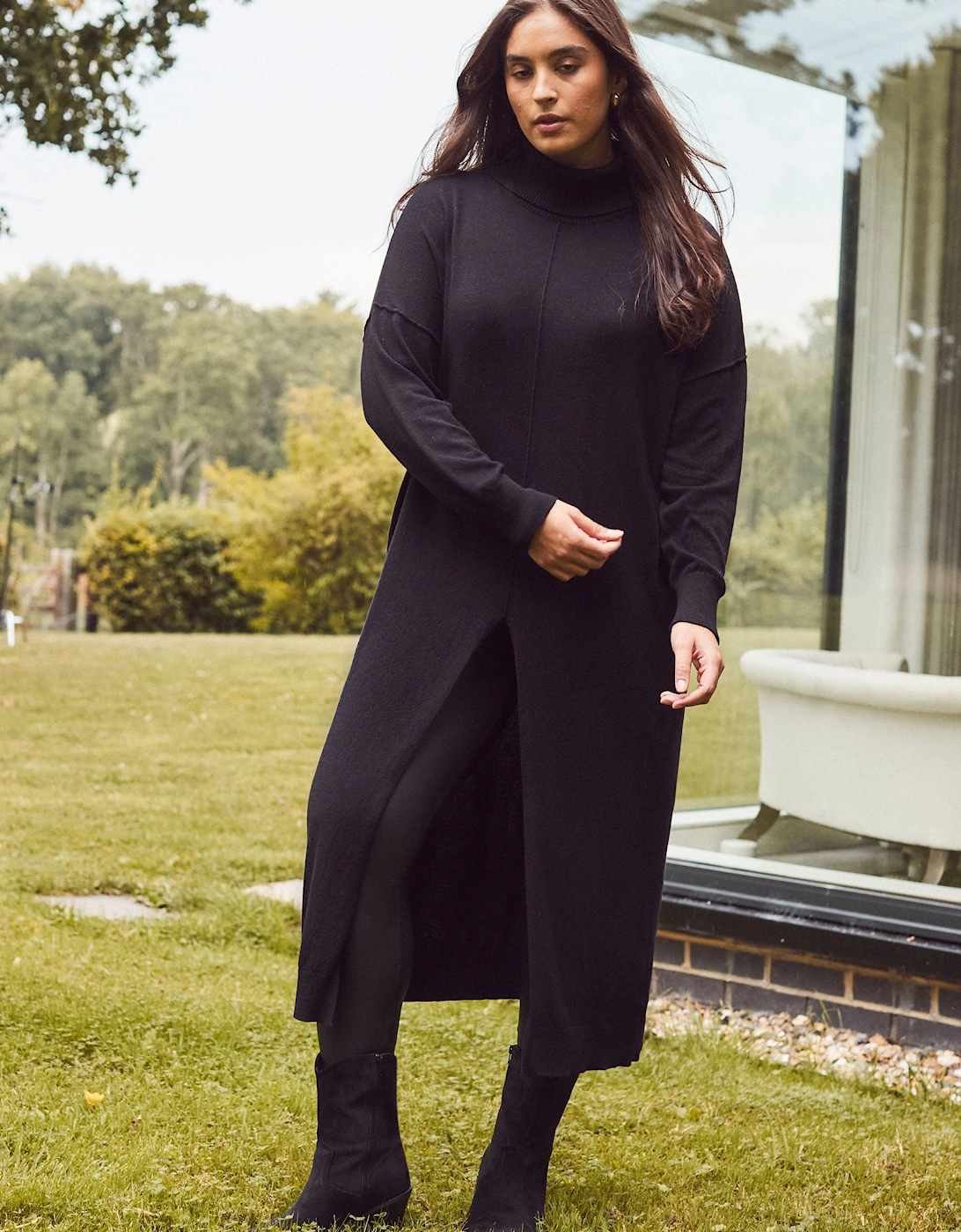 Black Cashmere-Blend Split Front Roll Neck Knit Jumper