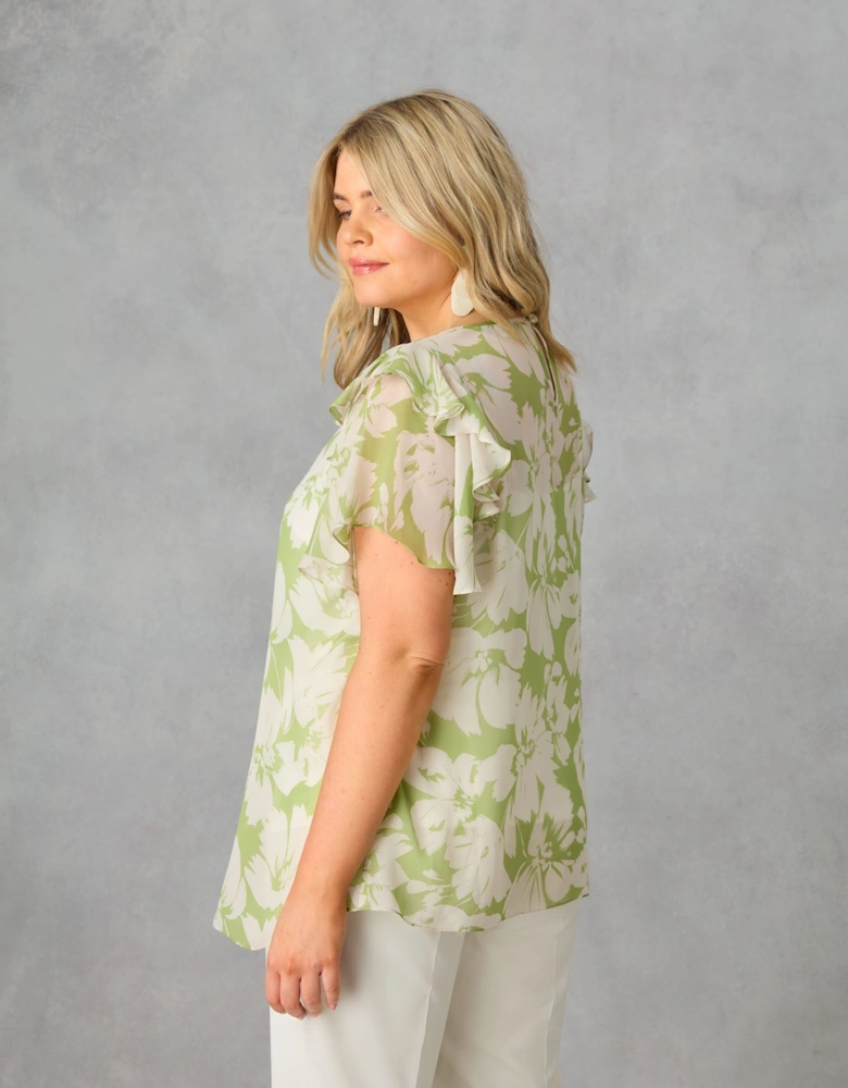 Green Floral Ruffle Sleeve Blouse