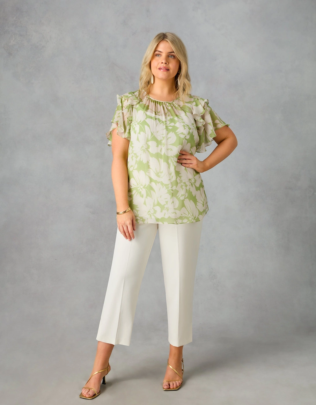 Green Floral Ruffle Sleeve Blouse