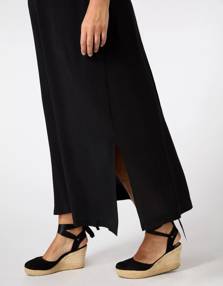 Black V Neck T-Shirt Dress Scallop Rib