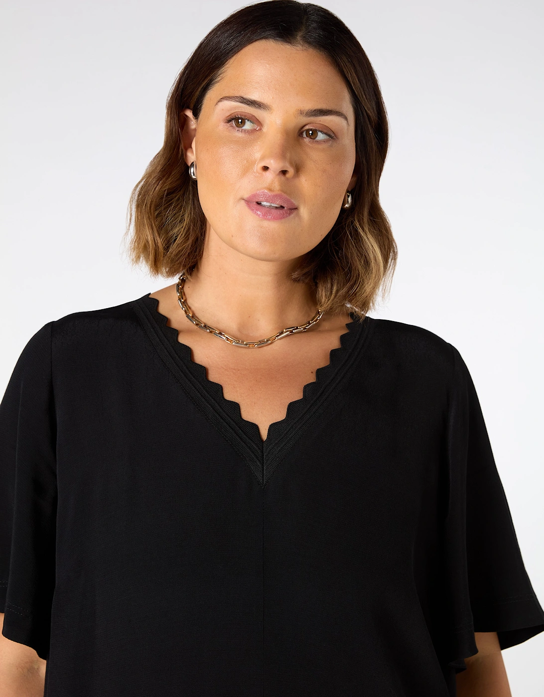 Black V Neck T-Shirt Dress Scallop Rib