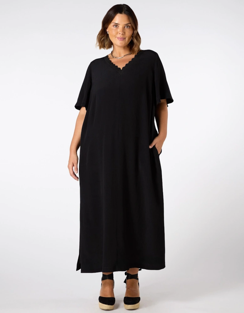 Black V Neck T-Shirt Dress Scallop Rib