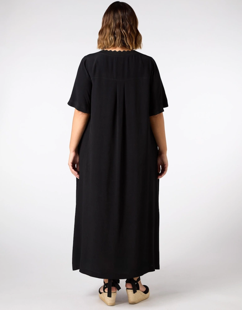 Black V Neck T-Shirt Dress Scallop Rib