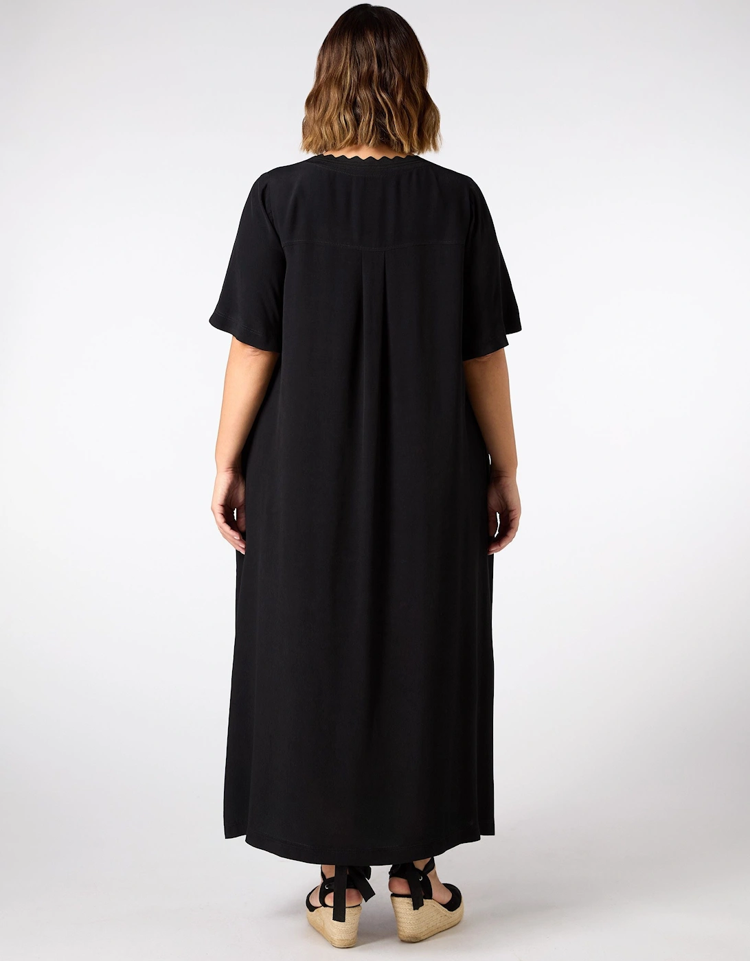 Black V Neck T-Shirt Dress Scallop Rib