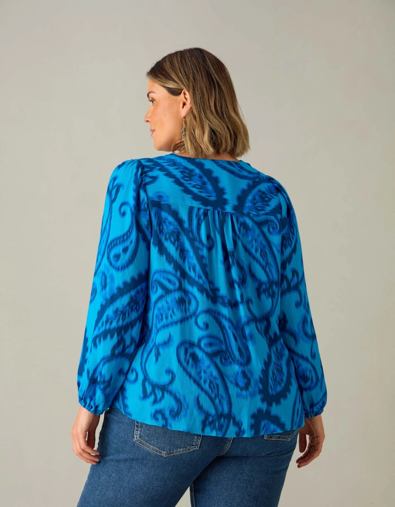 Blue Paisley V-Neck Button Blouse